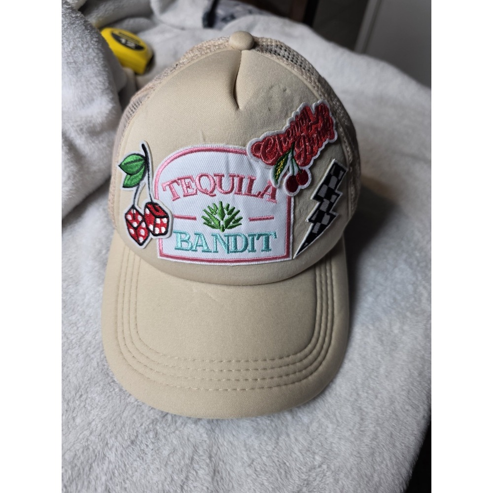 Tequila Bandit Trucker Hat Beige Patch Snapback Cherry Dice Checkered Western